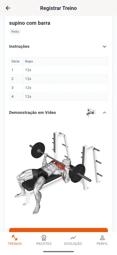 App do aluno MyGymProf: exercício com vídeo demonstrativo e séries a registrar