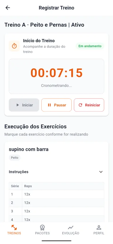 App do aluno MyGymProf: treino do dia com cronômetro e exercícios