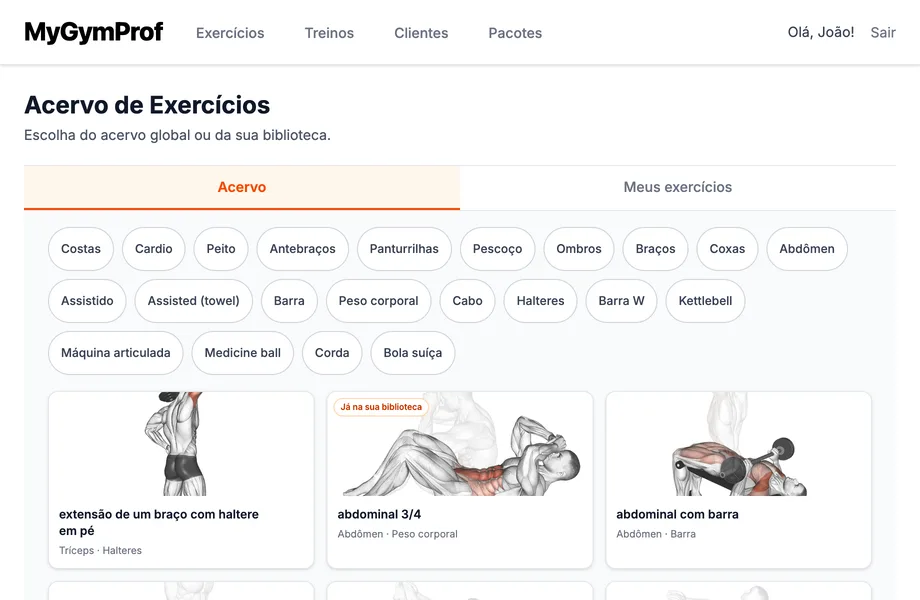 Acervo de exercícios do MyGymProf: filtros por região e equipamento e demonstração ilustrada de cada exercício