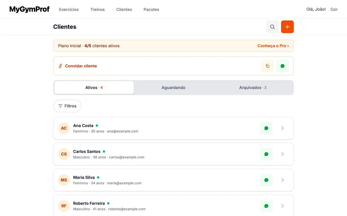 Painel do treinador no MyGymProf: lista de clientes com status e próximo treino