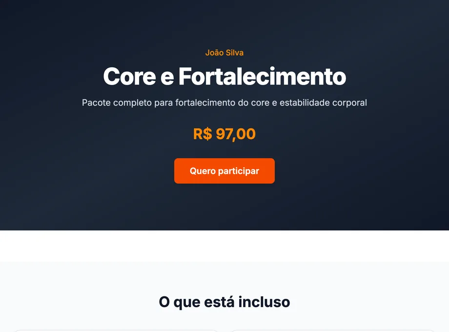 Exemplo de página pública de um pacote no MyGymProf, com capa, preço e botão de inscrição
